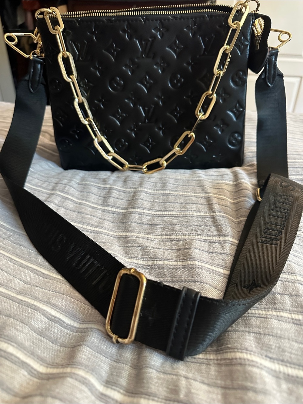 Louis Vuitton Black Embossed Shoulder Bag with Gold Chain